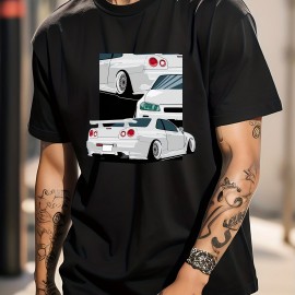 Cotton Car Painting Print, Men's Graphic Design Crew Neck T-shirt, Casual Comfy Tees Tshirts For Summer, Men's Clothing Tops For Daily Vacation Resorts