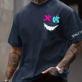 Smile Face Print, Men's Graphic Design Crew Neck T-shirt, Casual Comfy Tees Tshirts For Summer, Men's Clothing Tops For Daily Vacation Resorts