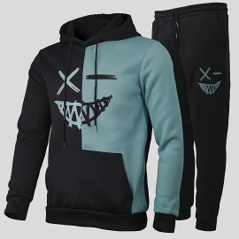 Creative Pattern Print, Men's 2Pcs Outfits, Casual Hoodies Long Sleeve Hooded Sweatshirt And Sweatpants Joggers Set For Spring Fall, Men's Clothing