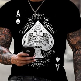 Spade A Print, Men's Graphic Design Crew Neck Active T-shirt, Casual Comfy Tees For Summer, Men's Clothing Tops For Daily Gym Workout Running