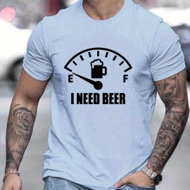 'I Need Beer' Pattern Print Men's Comfy T-shirt, Graphic Tee Men's Summer Outdoor Clothes, Men's Clothing, Tops For Men