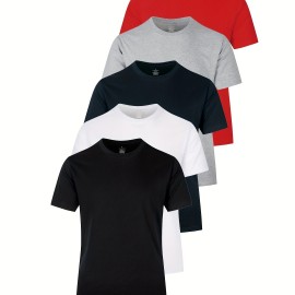 5pcs Multi Color Men's Solid Comfy Cotton Casual T-Shirts Set, Basic Crew Neck Tees For Summer Sports