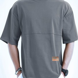 Men's Solid Creative Loose Top, Casual Slightly Stretch Short Sleeve Crew Neck Running Fitness Sports T-shirt, Men's Clothes For Summer Outdoor