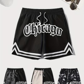 Letter Print Chevron Quick Drying Comfy Shorts, Men's Casual Waist Drawstring Shorts For Summer Gym Workout Training