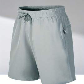 Men's Breathable Solid Quick Dry Shorts With Side Pockets, Summer Drawstring Elastic Waist Loose Fit Shorts For Running, Fitness, Training