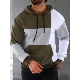 Patchwork Color Block Hoodie With Kangaroo Pocket, Men's Casual Solid Color Slightly Stretch Drawstring Pullover Hooded Sweatshirt For Spring Fall