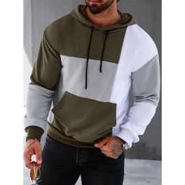 Patchwork Color Block Hoodie With Kangaroo Pocket, Men's Casual Solid Color Slightly Stretch Drawstring Pullover Hooded Sweatshirt For Spring Fall