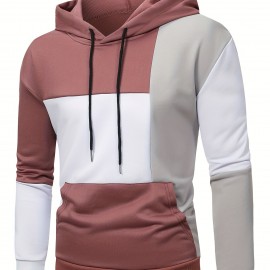 Patchwork Color Block Hoodie With Kangaroo Pocket, Men's Casual Solid Color Slightly Stretch Drawstring Pullover Hooded Sweatshirt For Spring Fall